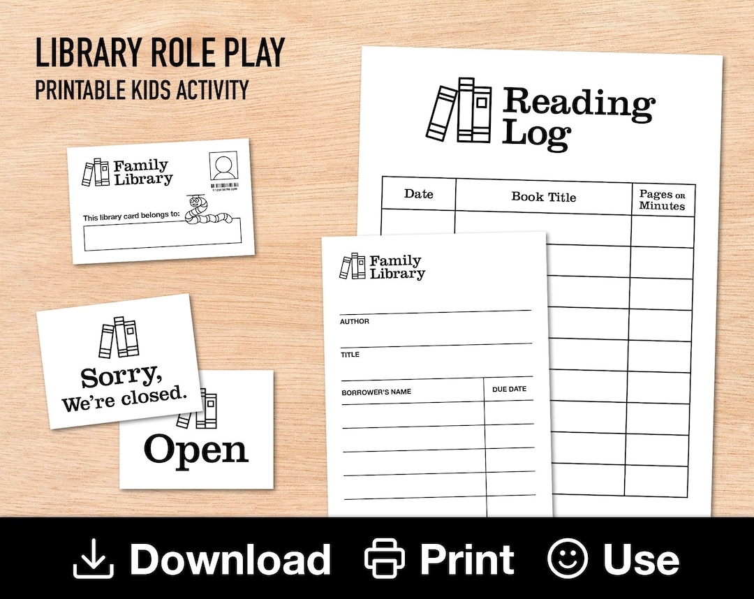 Library Role Play Printable Activity Pretend Library Card U0026 Home Library Signs Kids Reading Log Family Library Game INSTANT DOWNLOAD Etsy