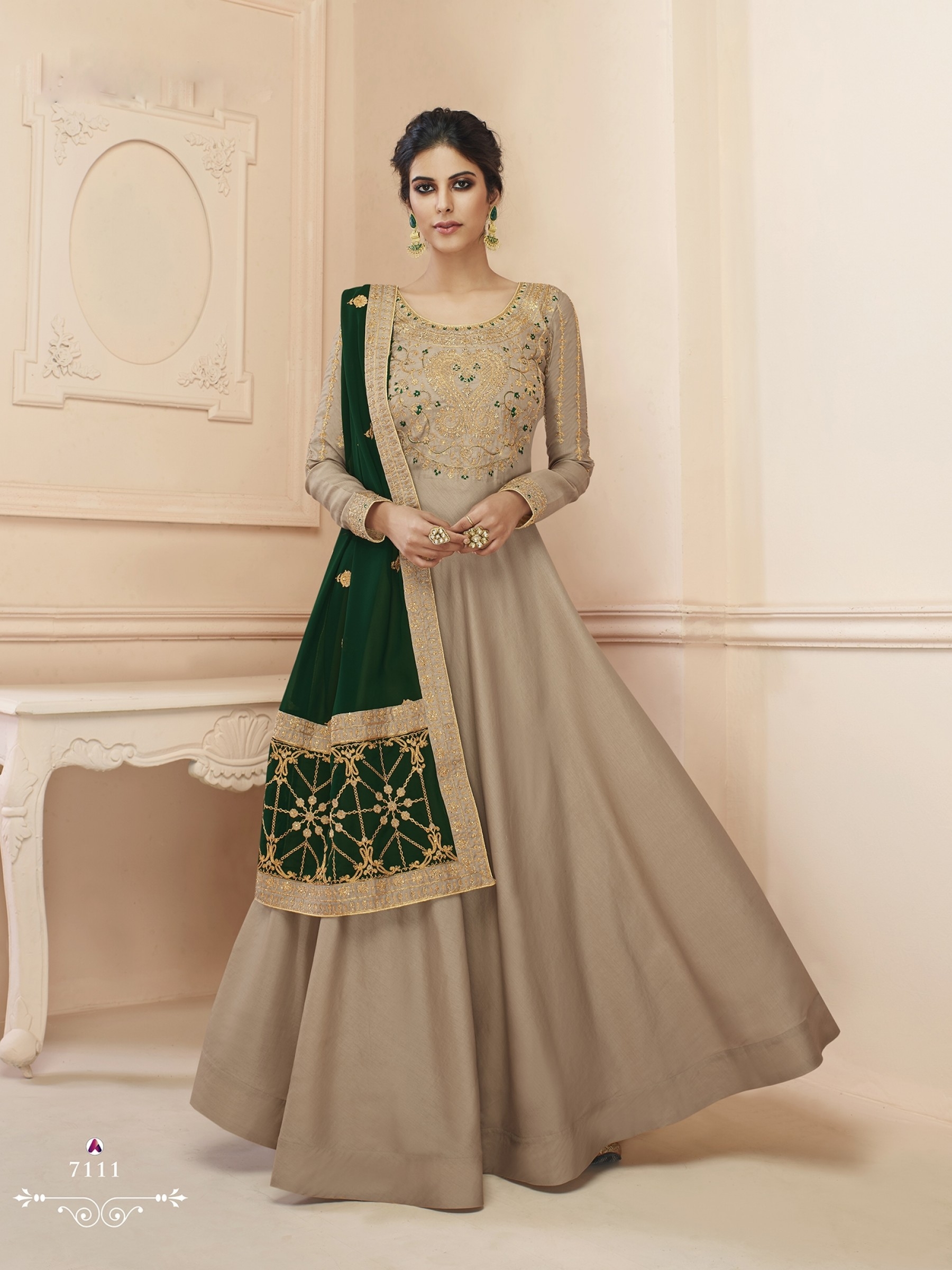 Lichi Georgette Heavy Embroidery Readymade Gown In Beige Color Casual Wear Gown Gown