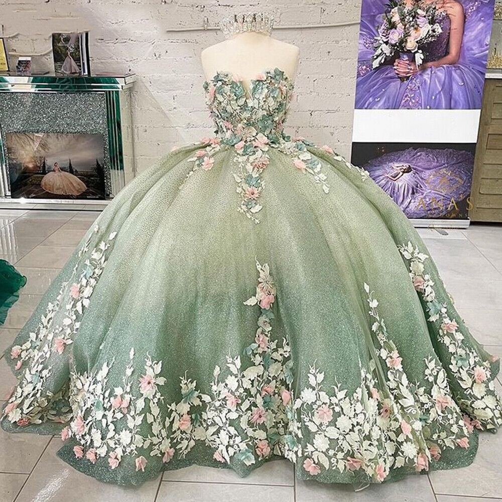 Light Green Quinceanera Dresses 3D Floral Beaded Party Ball Gowns Sweet 16 Dress