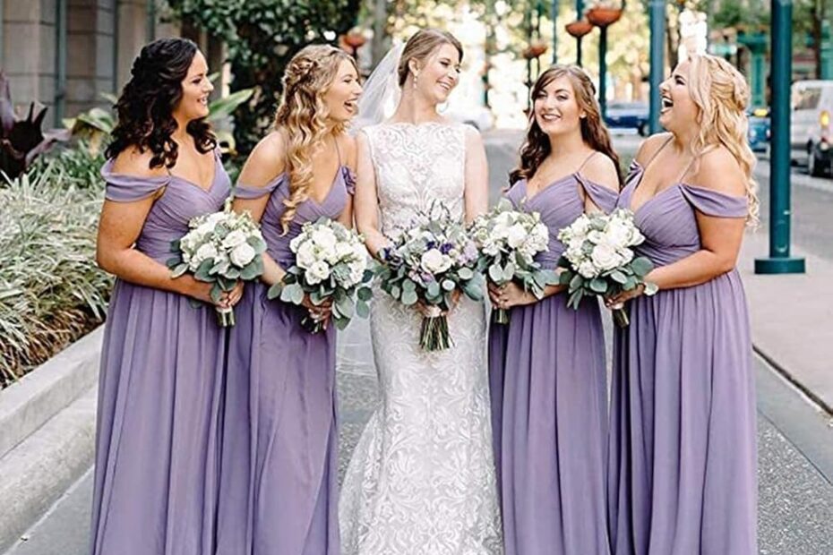 Lilac Wedding Bridesmaid Dresses Long Off The Shoulder Chiffon