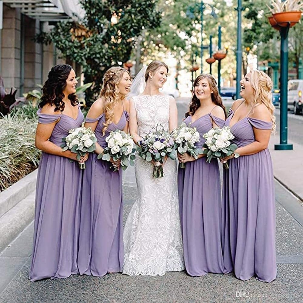 Lilac Wedding Bridesmaid Dresses Long Off The Shoulder Chiffon 