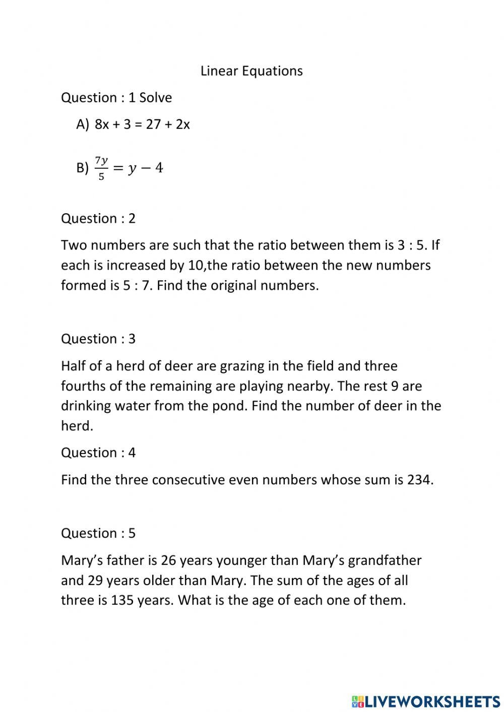 Linear Equation Word Problems Worksheet Live Worksheets Worksheets Library