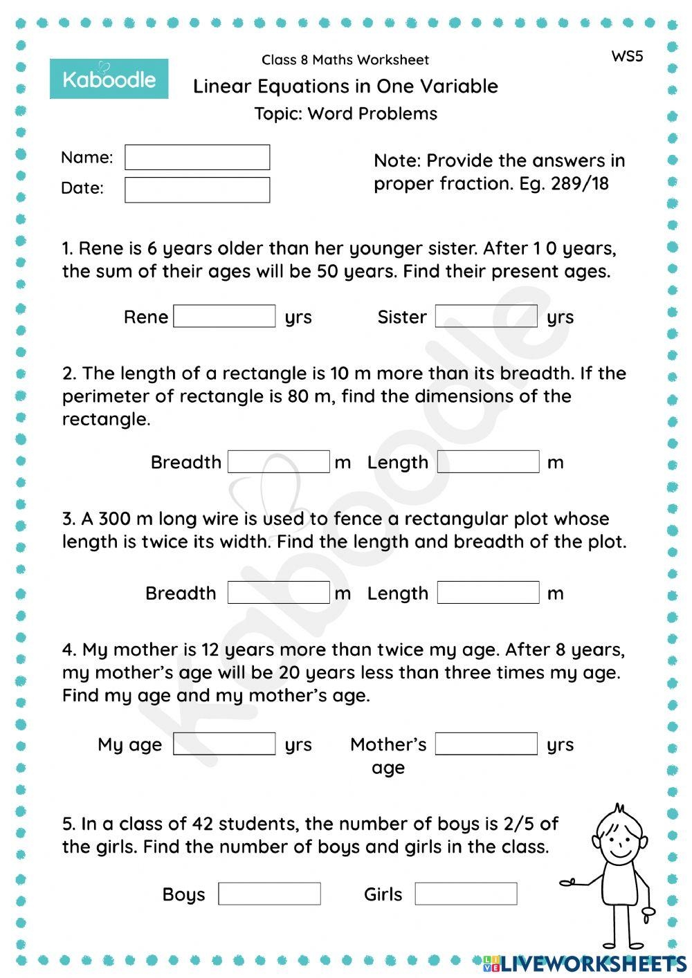 Linear Equations In One Variable Word Problems Live Worksheets Worksheets Library