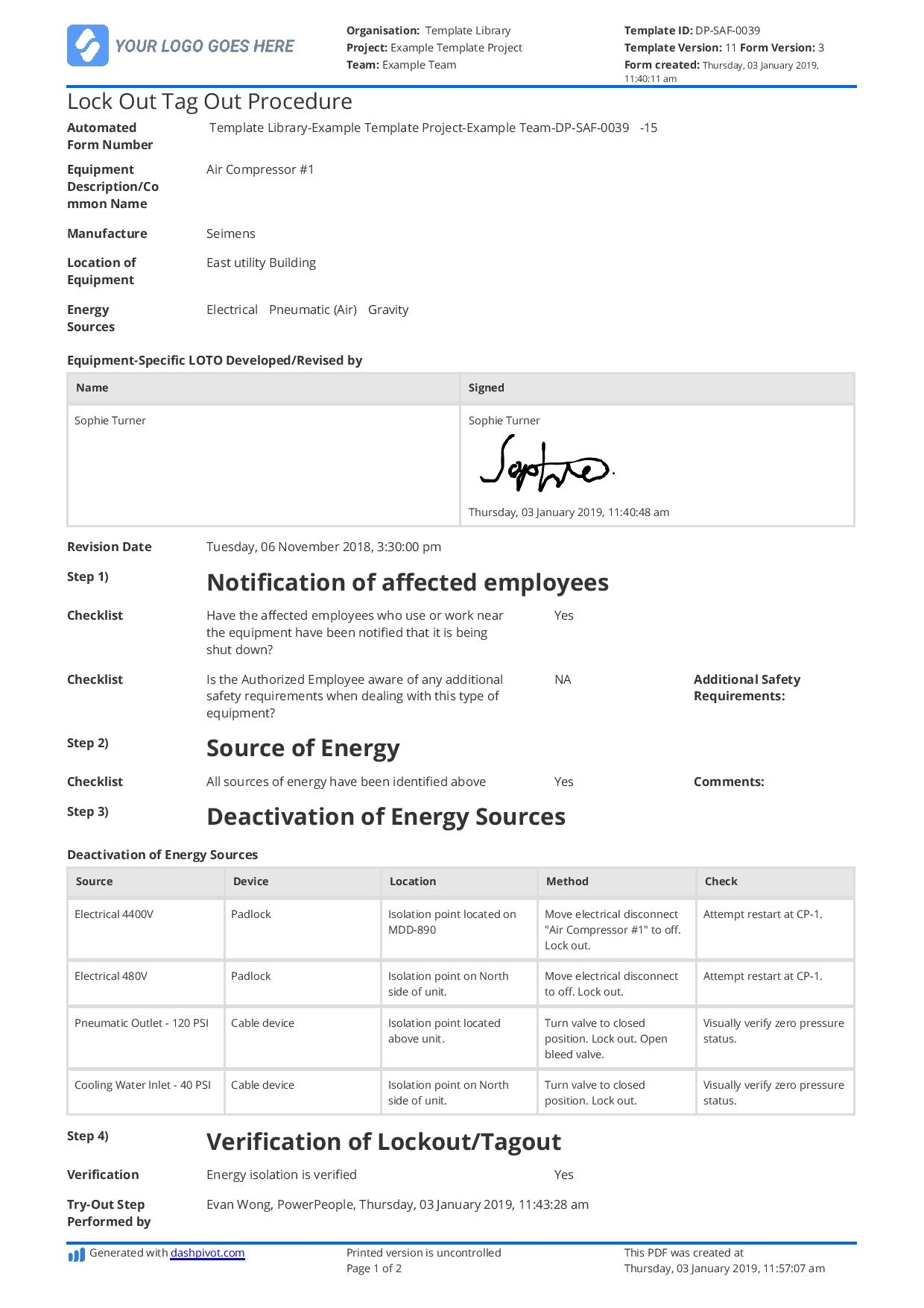 Lock Out Tag Out Procedure Template Free Checklist Example