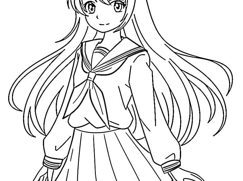 Long Hair Anime Student Girl Coloring Page Download Print Or Color Online For Free