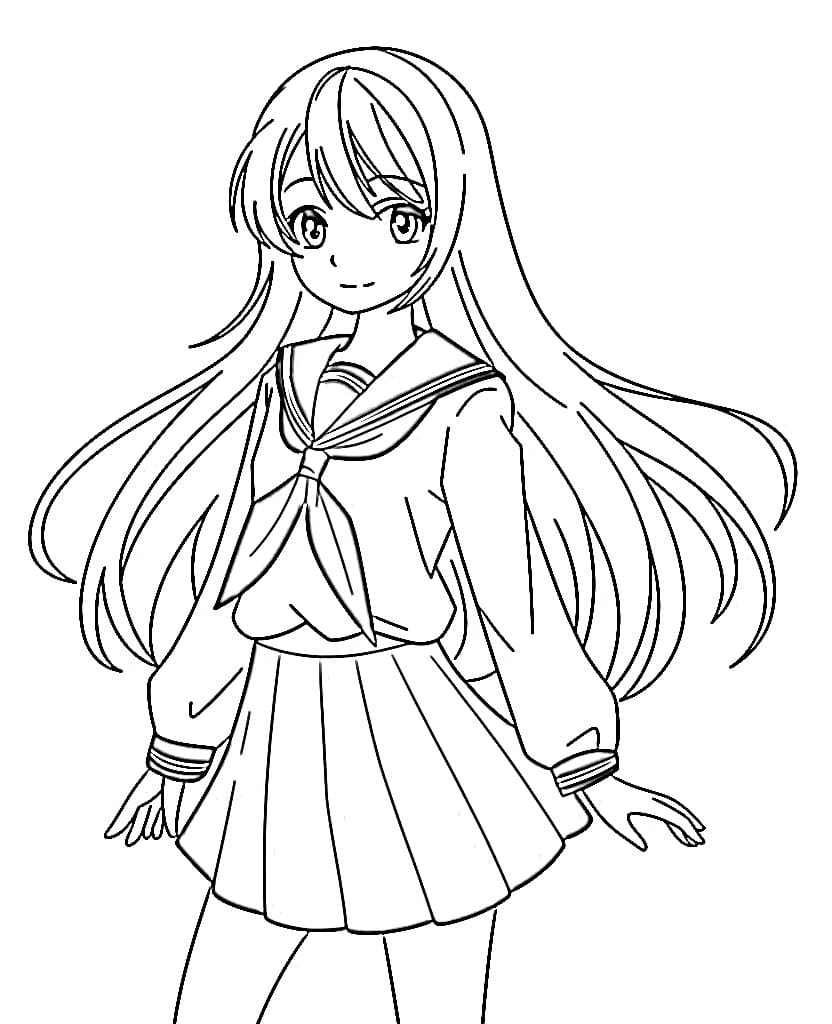 Long Hair Anime Student Girl Coloring Page Download Print Or Color Online For Free