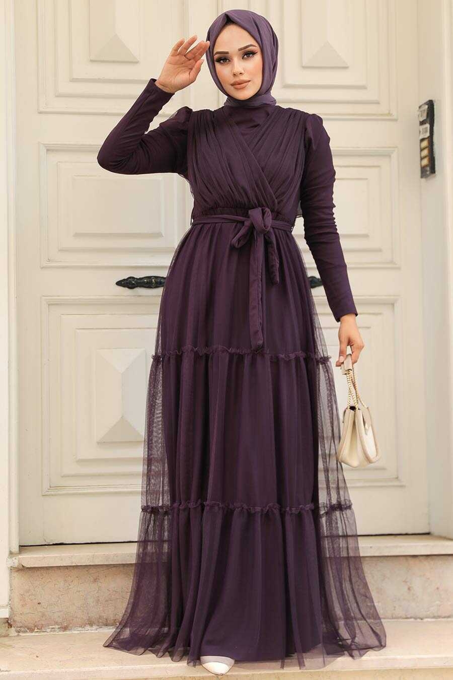 Long Sleeve Plum Color Muslim Evening Dress 55621MU Neva style