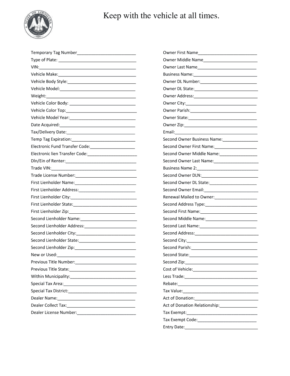 Louisiana Temp Tag Printable Blank PDF Online