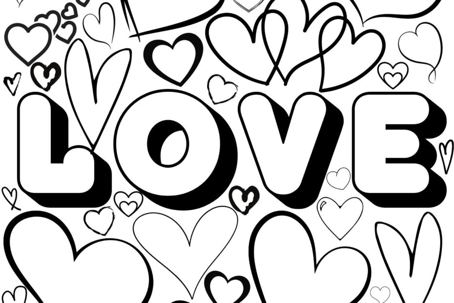 Love Coloring Page Digital Download Printable Heart Adult Fun Relaxing Art