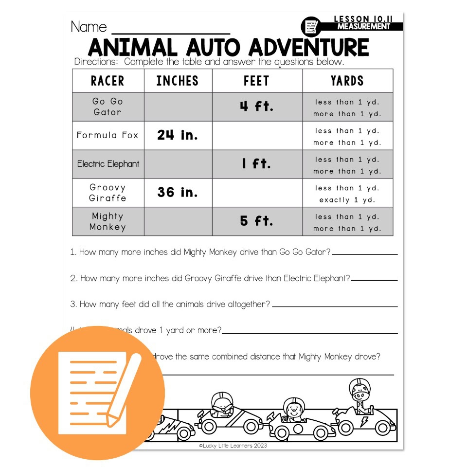 Lucky To Learn Math Lesson 10 11 Measurement Review Independent Practice Animal Auto Adventure Lucky Little Learners