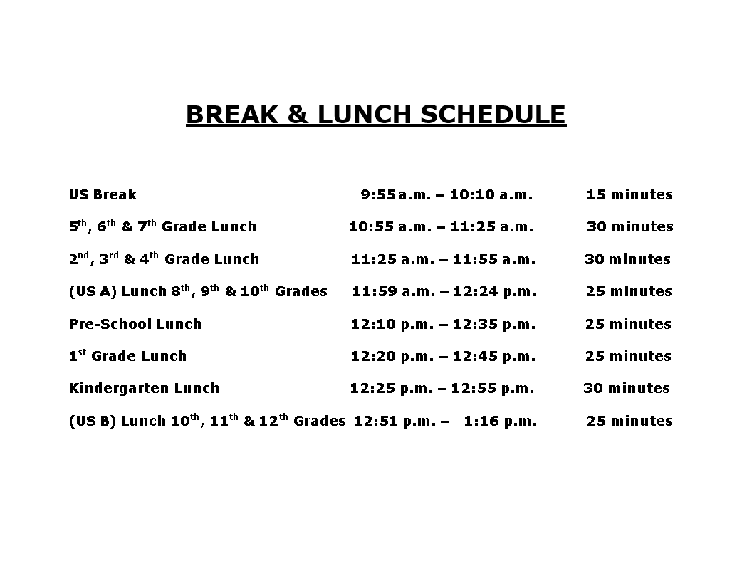 Lunch And Break Schedule Templates At Allbusinesstemplates