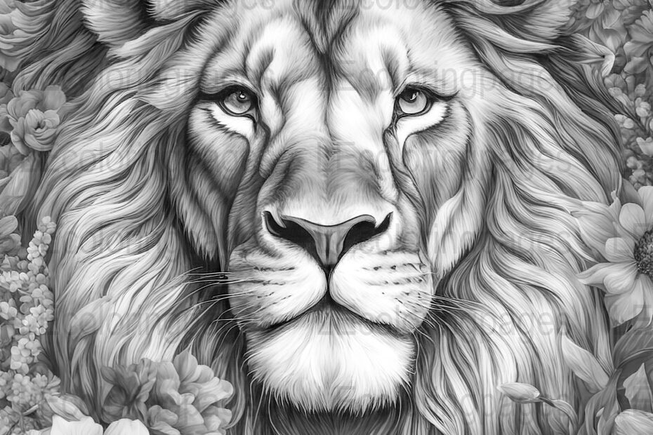 Majestic Lion Adult Coloring Page Printable Grayscale Animal Illustration Relaxing Floral Jungle Therapeutic Artwork Unique Download Etsy
