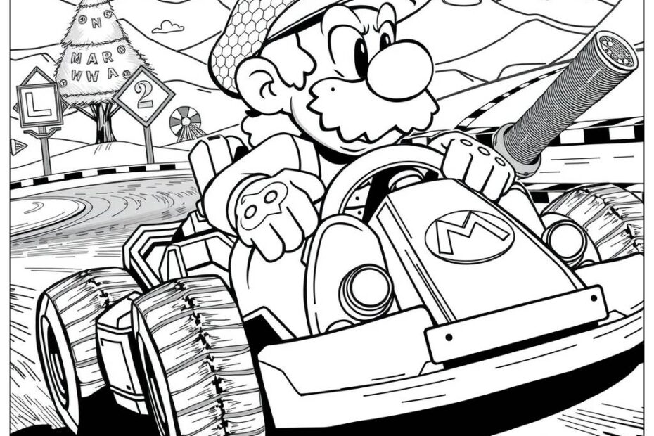 Mario Driving In Mario Kart Coloring Page Free PDFu0026PNG Printable