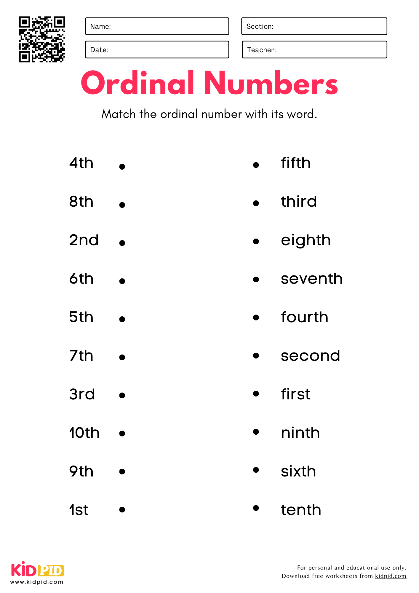 Match Ordinal Numbers 1 20 With Words Worksheets For Grade 1 