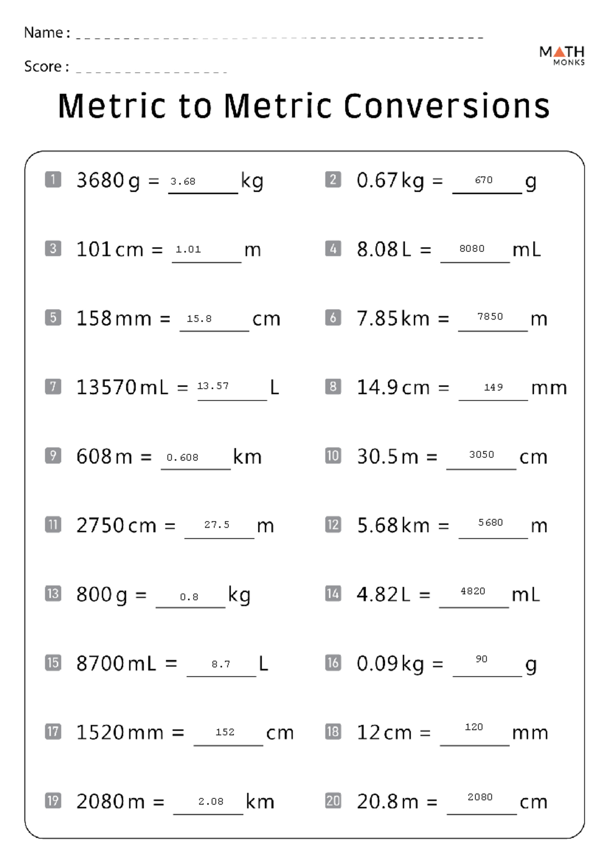 metric conversion worksheet answer key