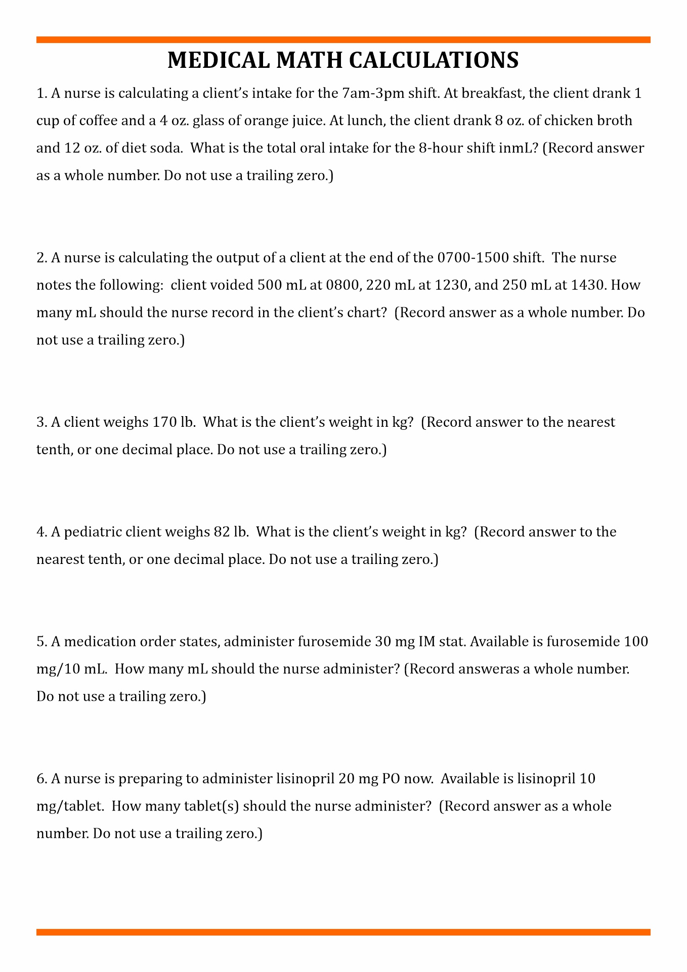 nursing math practice worksheets with answers
