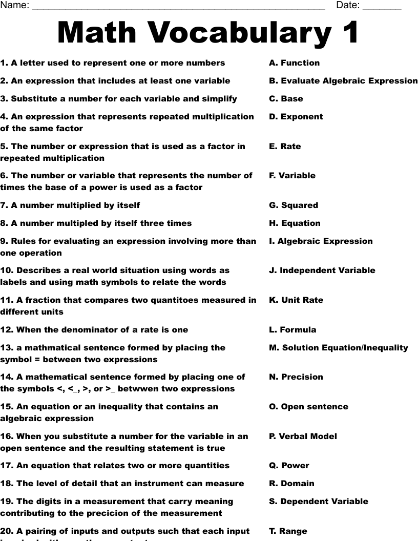 math vocabulary worksheets
