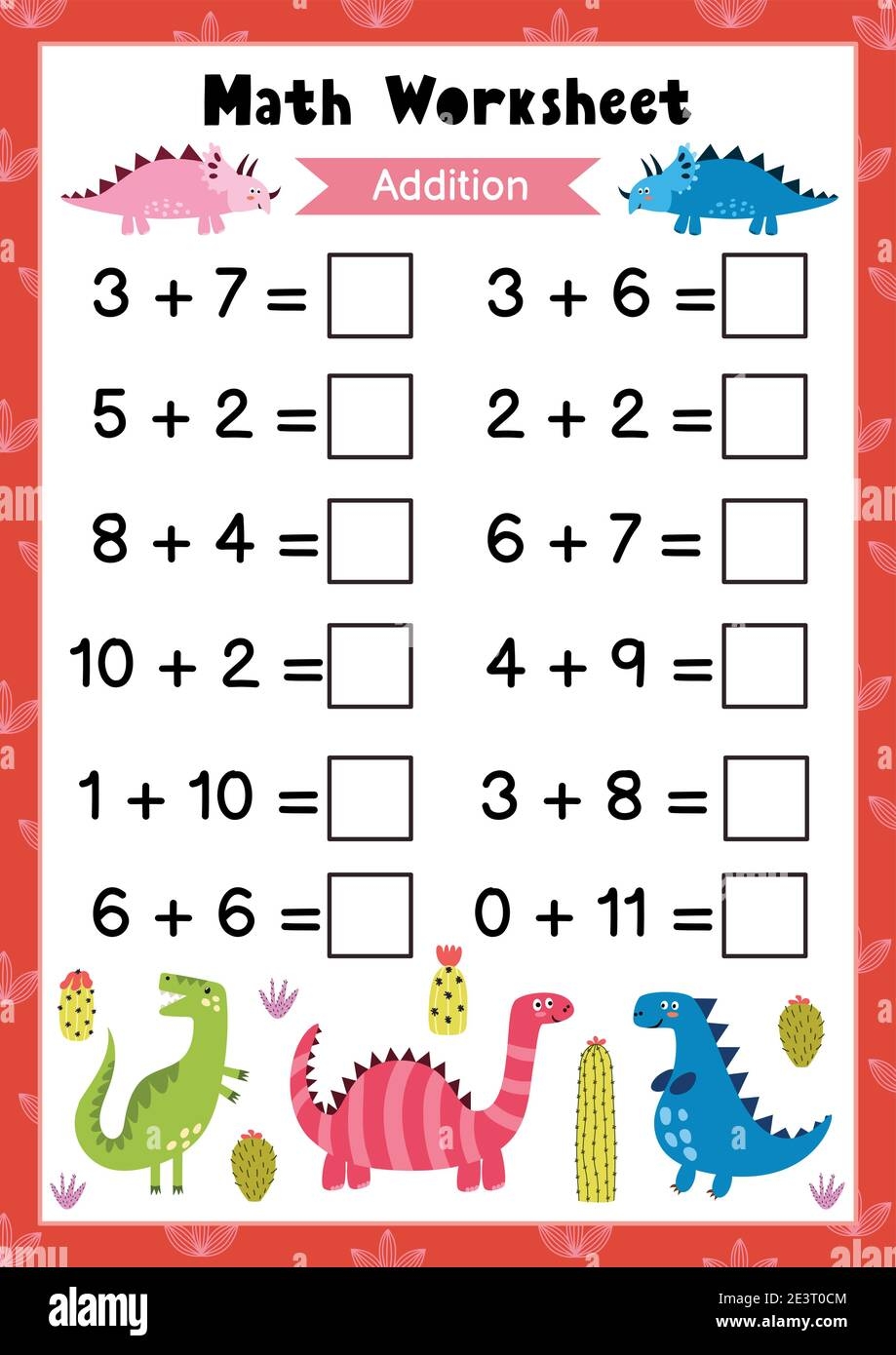 Math Worksheet For Kids Addition Mathematic Activity Page With Cute Dinosaurs Stock Vector Image U0026 Art Alamy