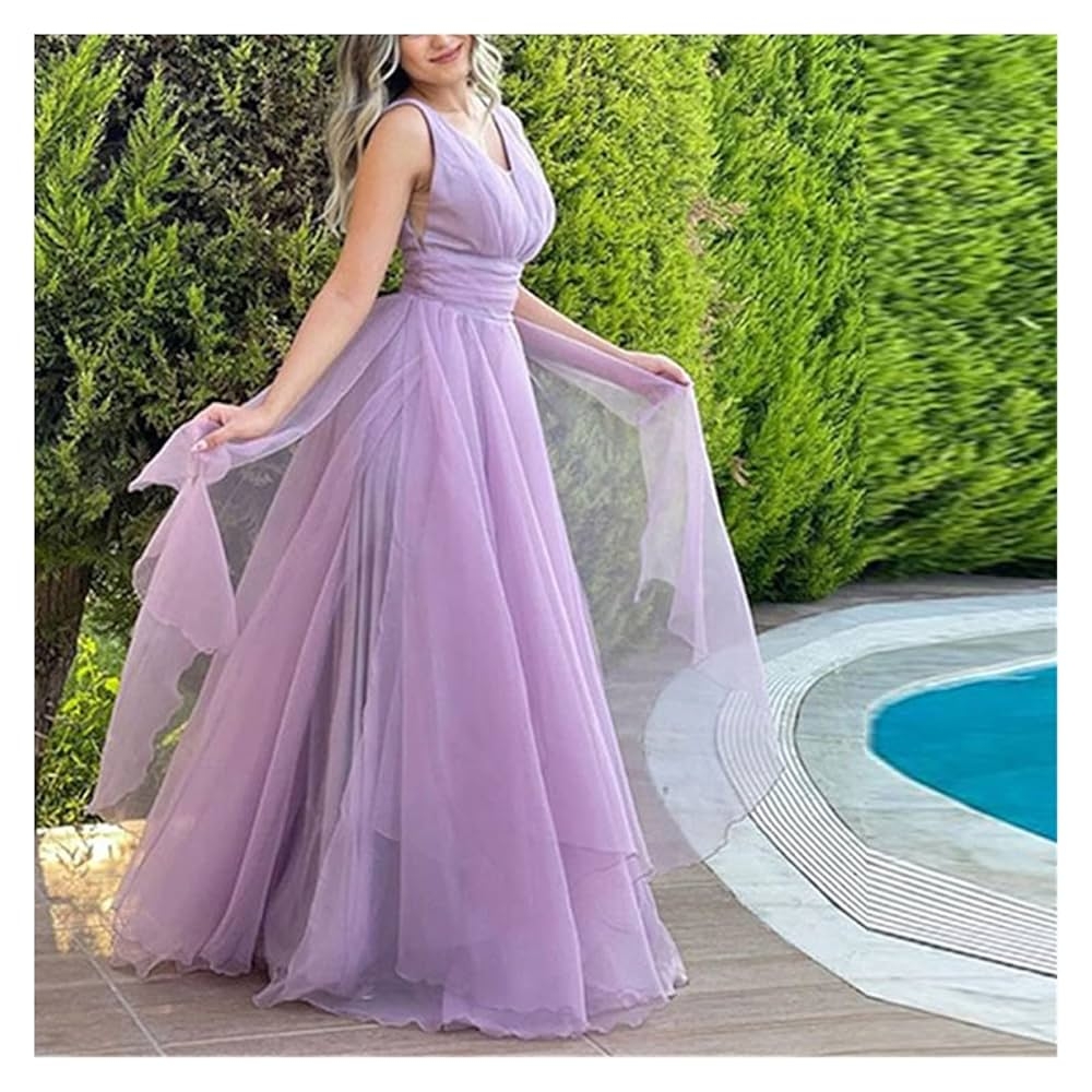 MBBJM Simple V Neck Light Purple Chiffon Boho Prom Dresses Tiered 