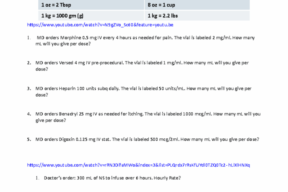 Med Math Worksheet Sample Med Math Dosage U0026amp Calculations