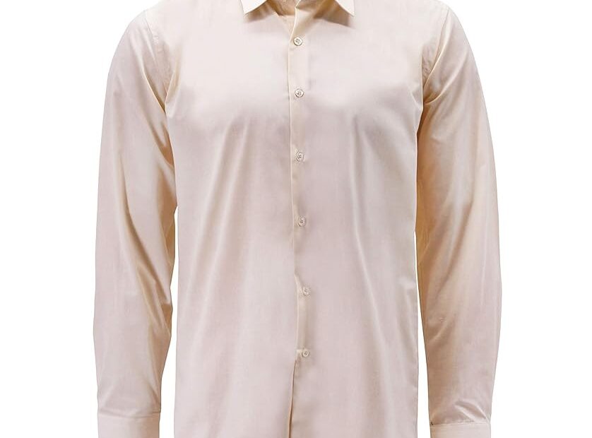 Men s Classic Button Up Long Sleeve Solid Cream Color Slim Fit Dress Shirt