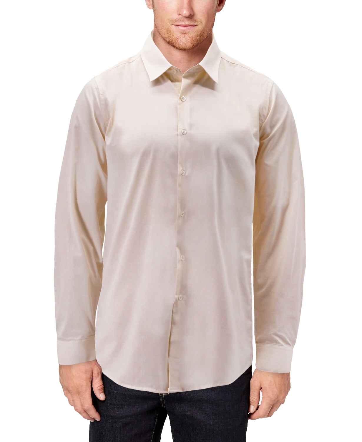 Men s Classic Button Up Long Sleeve Solid Cream Color Slim Fit Dress Shirt S Cream 