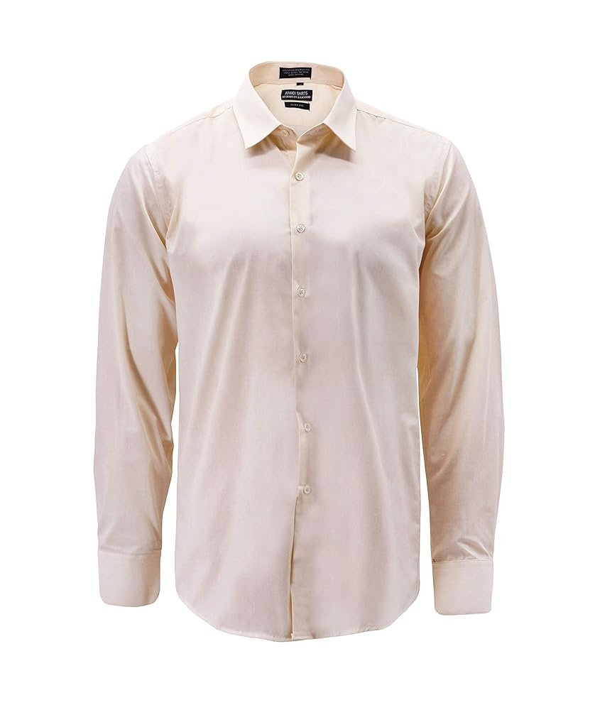 Men s Classic Button Up Long Sleeve Solid Cream Color Slim Fit Dress Shirt