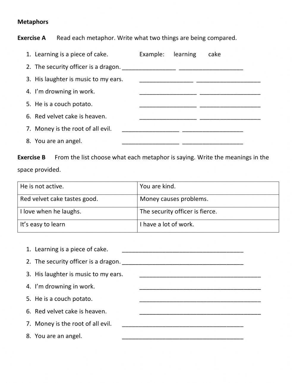 Metaphor Worksheet Worksheets Library