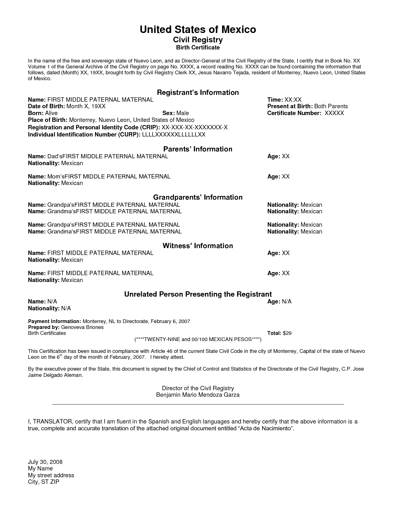 uscis printable birth certificate translation template