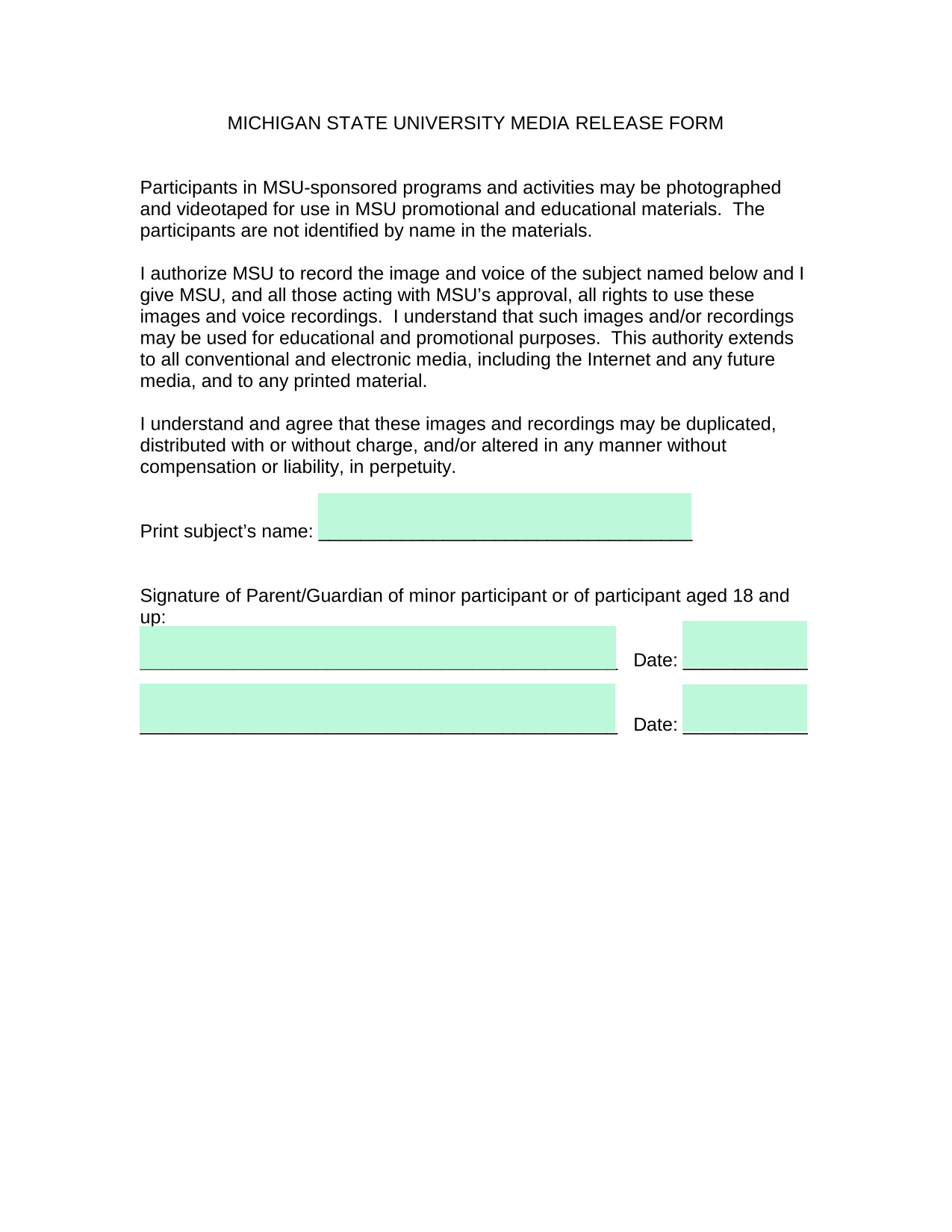 Michigan State University Media Release Form