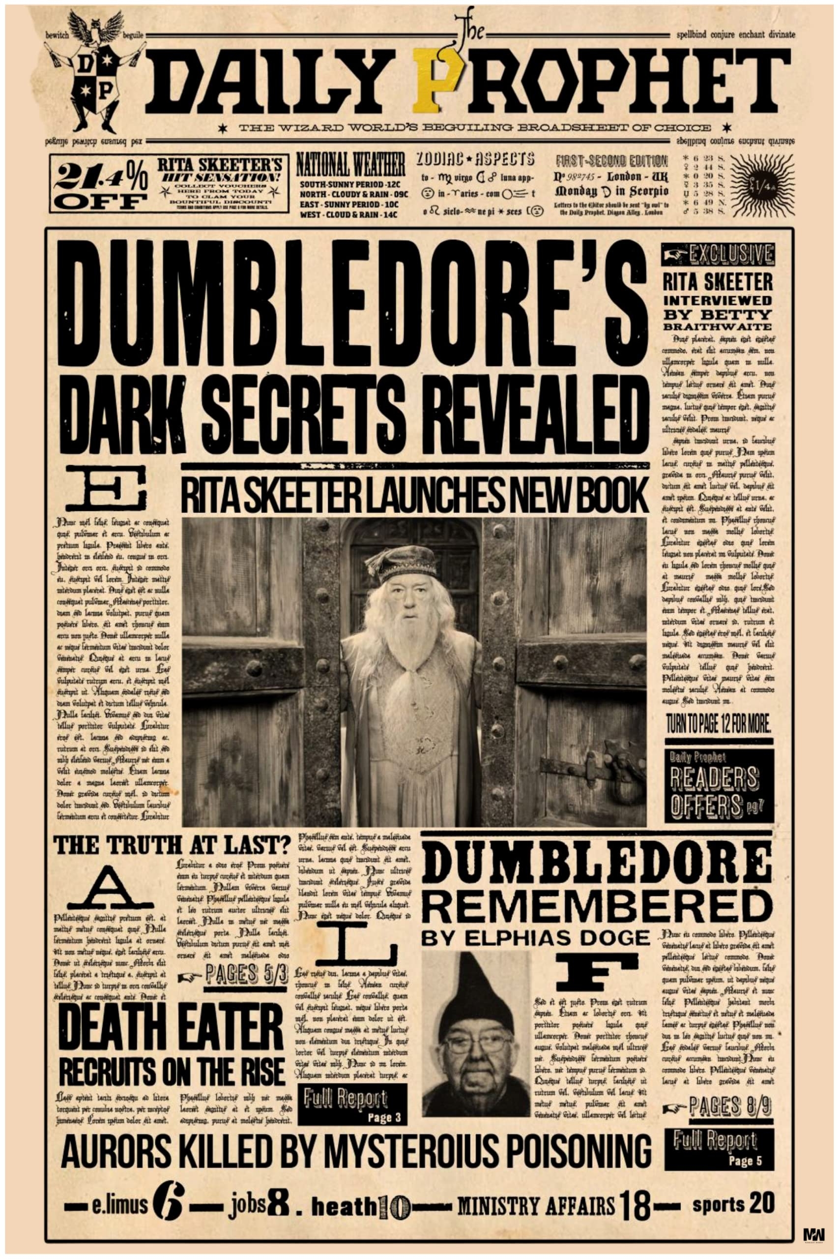 Midnight Works Harry Potter Daily Prophet Dumbledore Poster 18 X 12 Inch 300 GSM Amazon in Home U0026 Kitchen