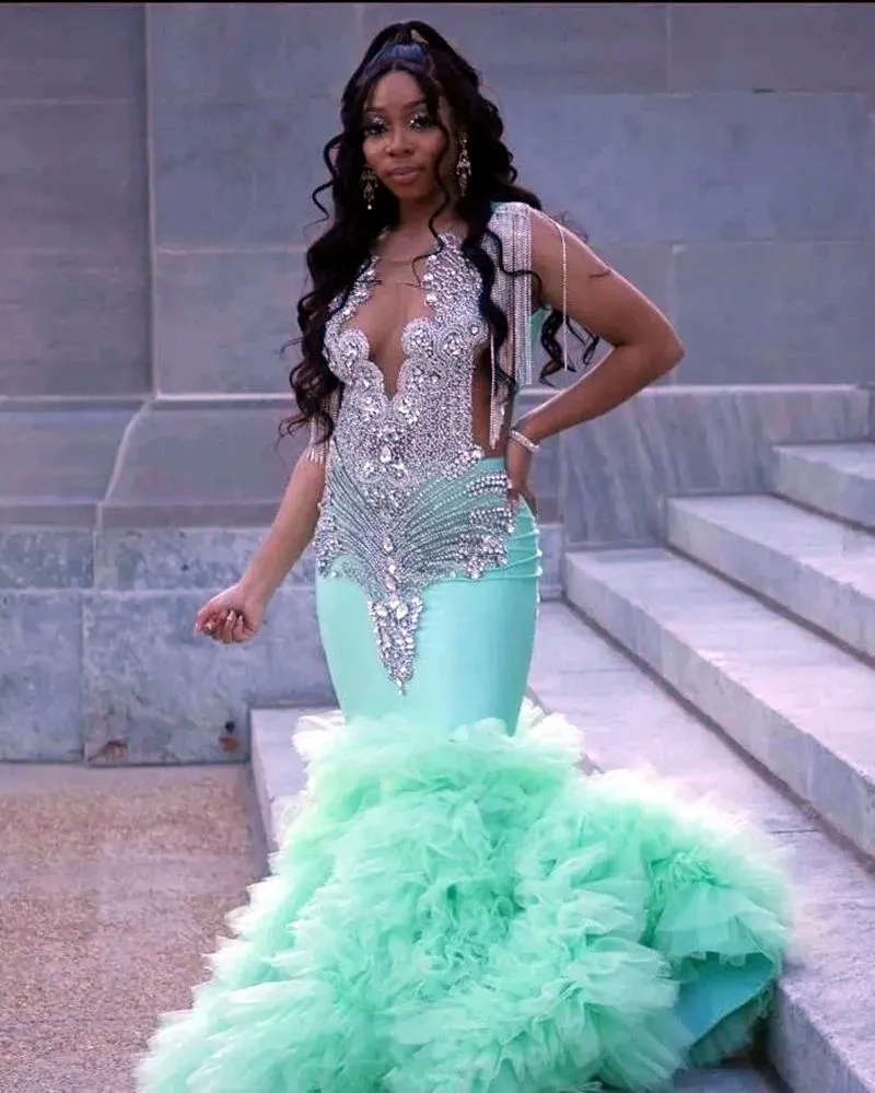 Mint Green Plus Size Prom Dresses 2024 Turquoise Illusion Silver Beaded Mermaid Evening Gowns