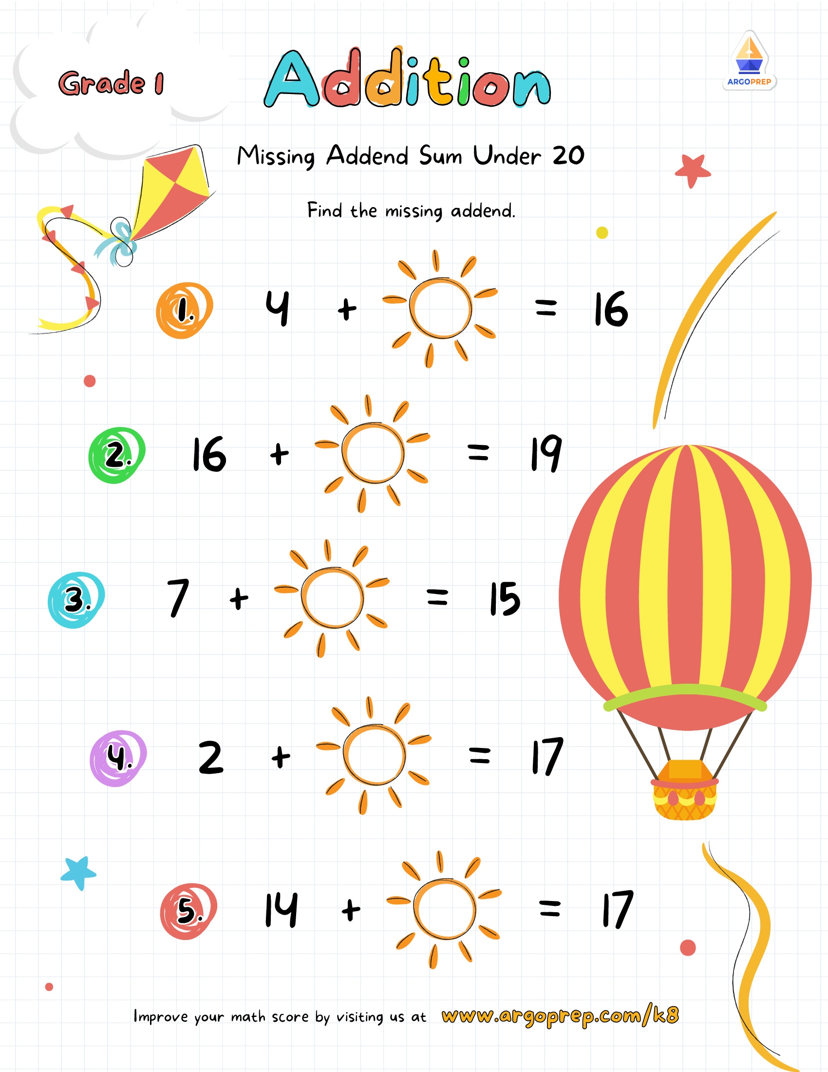 Missing Addend Sums No More Than 20 Grade 1 Addition Worksheets 