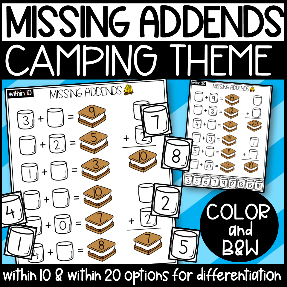 Missing Addends Camp Themed Math Center Worksheets