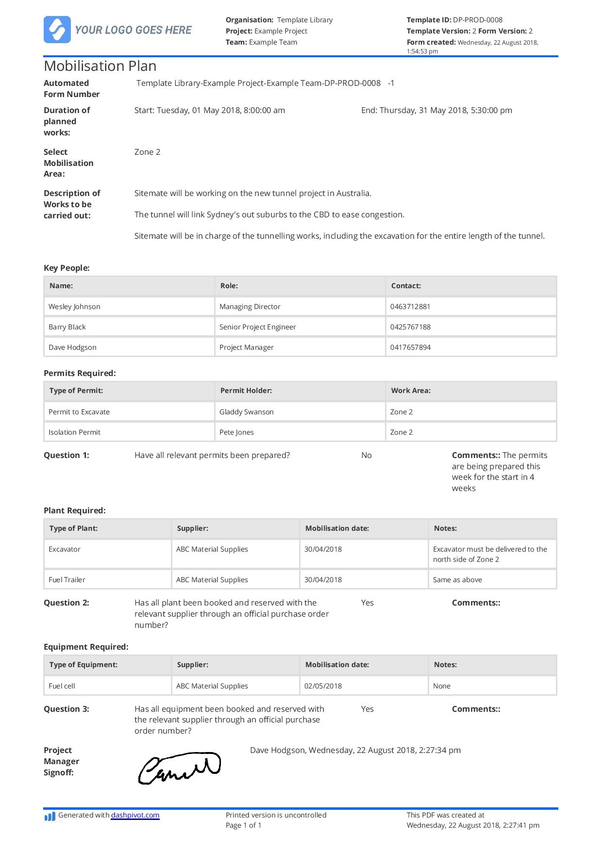 Mobilisation Plan Template More Customisable Than Excel Or PDF