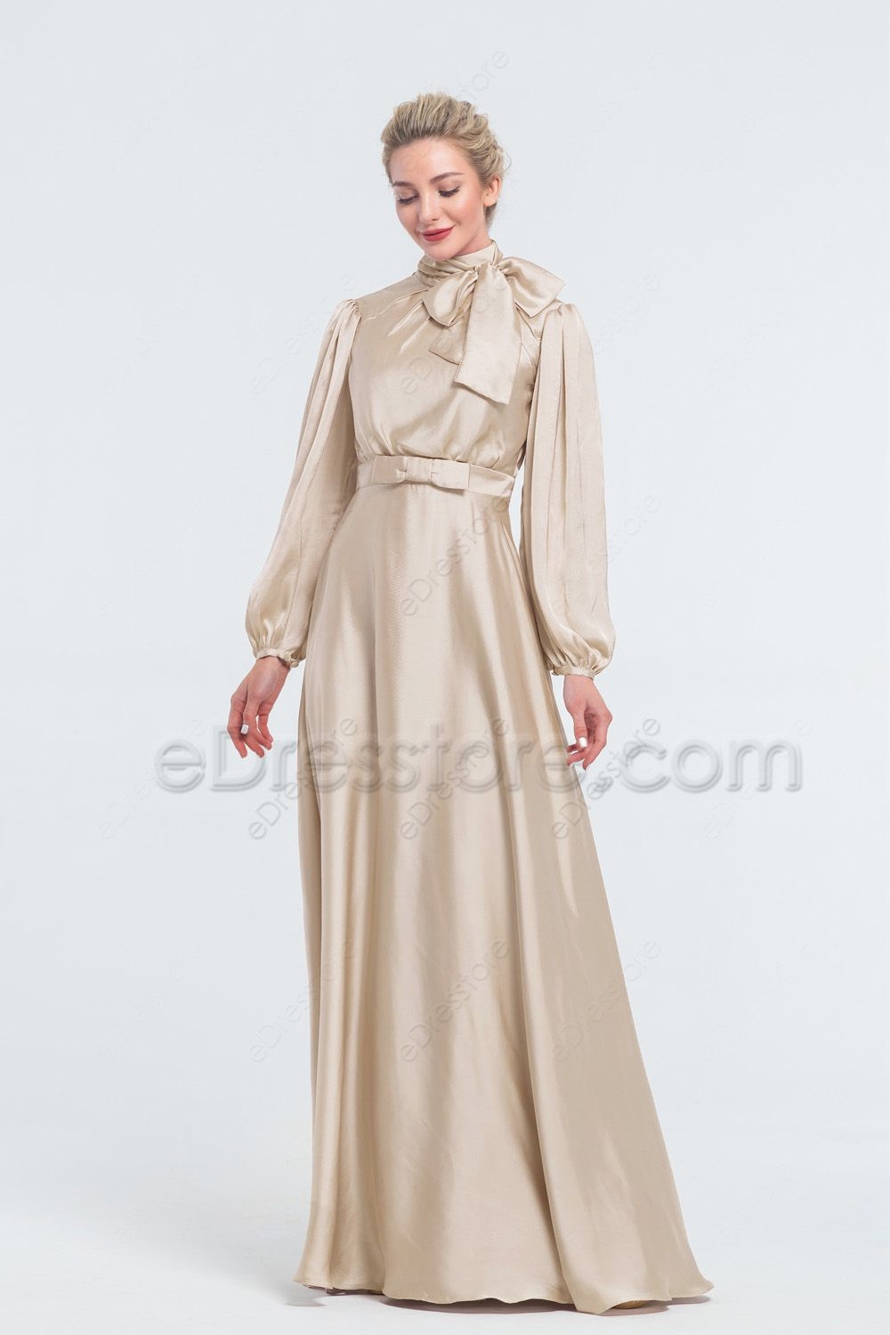 Modest Mormon Champagne Satin Bridesmaid Dresses Long Sleeves