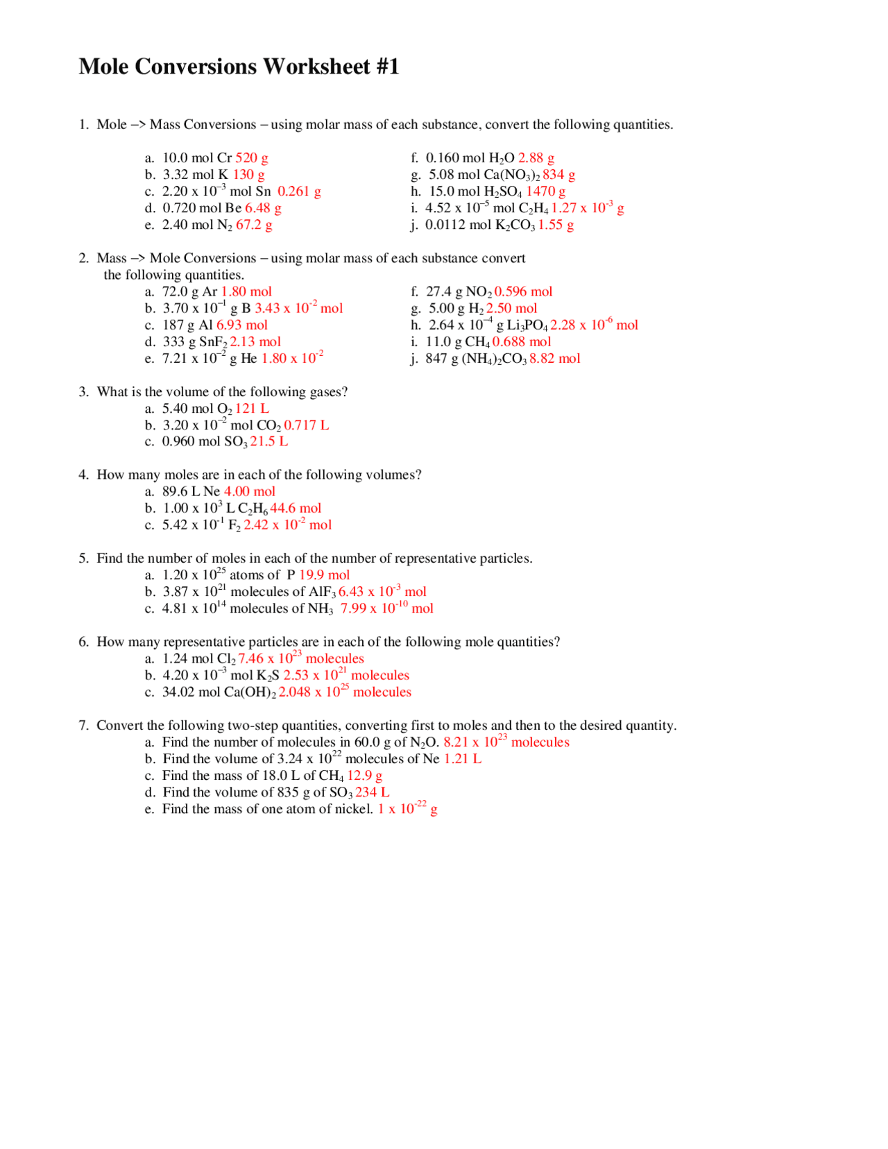 mole-mole conversions worksheet