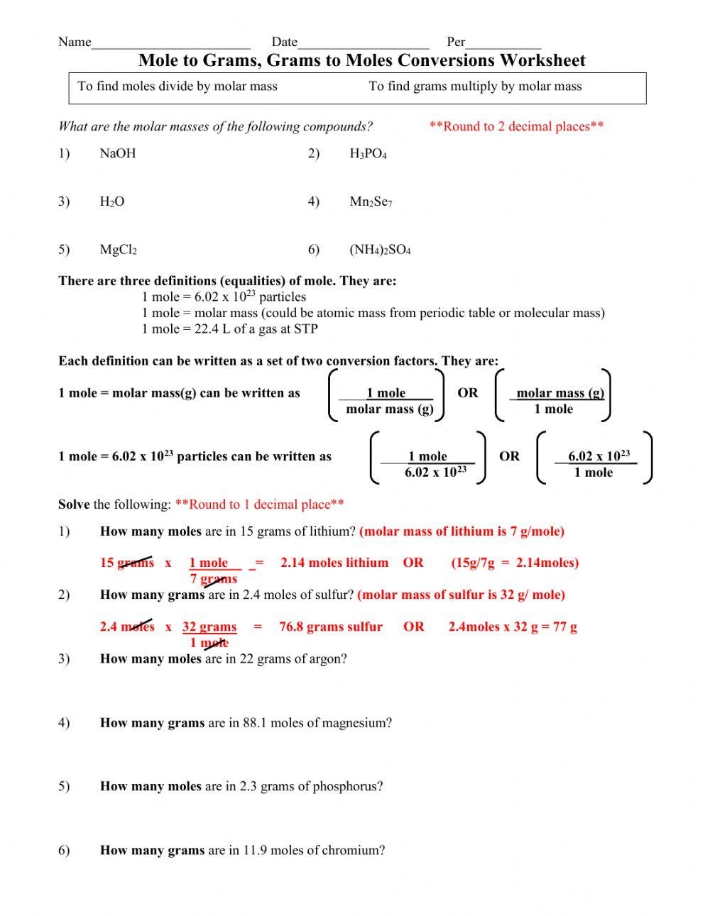 Moles And Grams Stoichiometry Worksheet Live Worksheets Worksheets Library