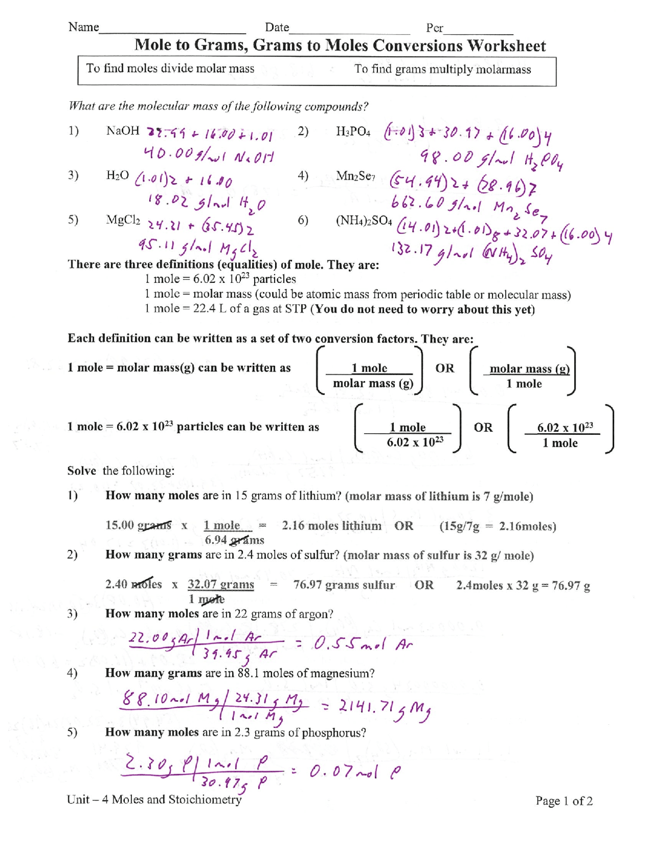Moles To Grams Grams To Moles Conversion Worksheet Key Worksheets Library