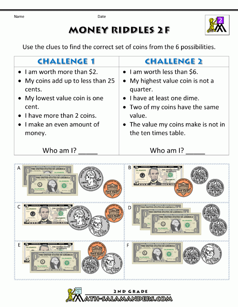 free money math worksheets