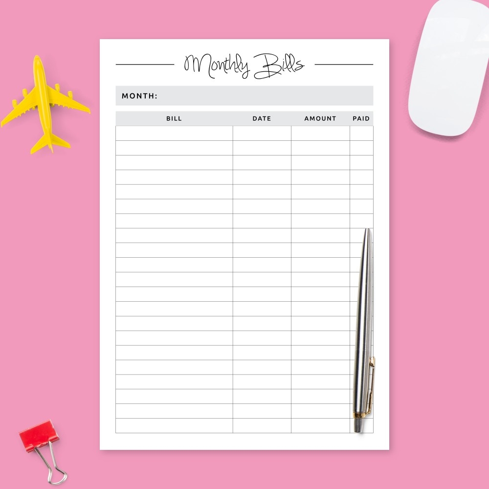 printable bill tracker template
