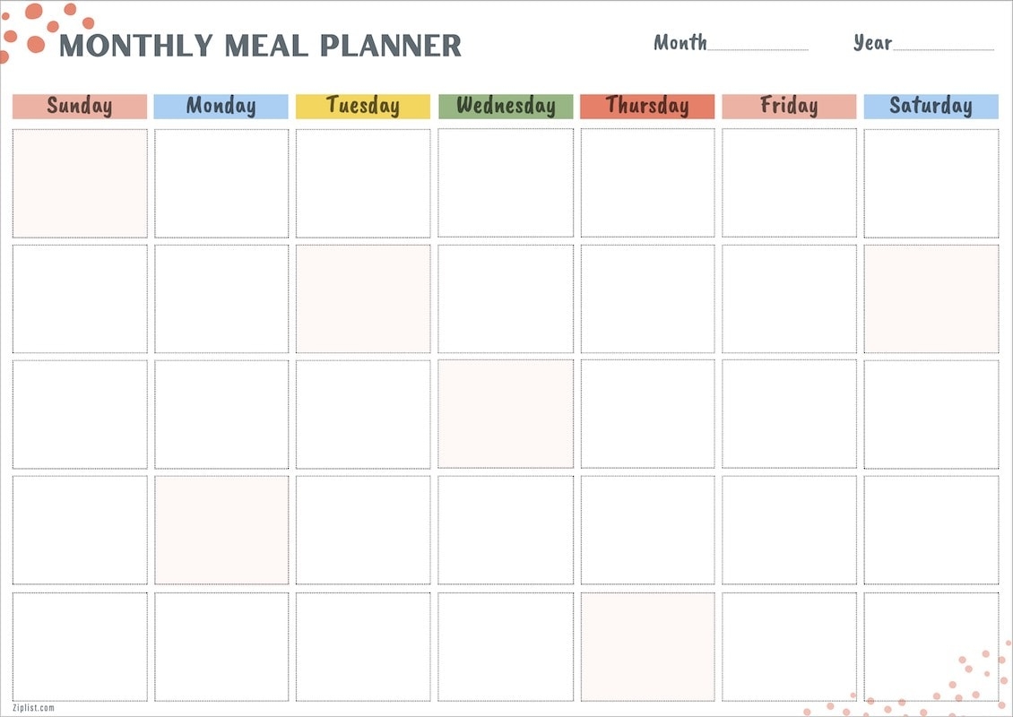 free printable monthly meal planner template