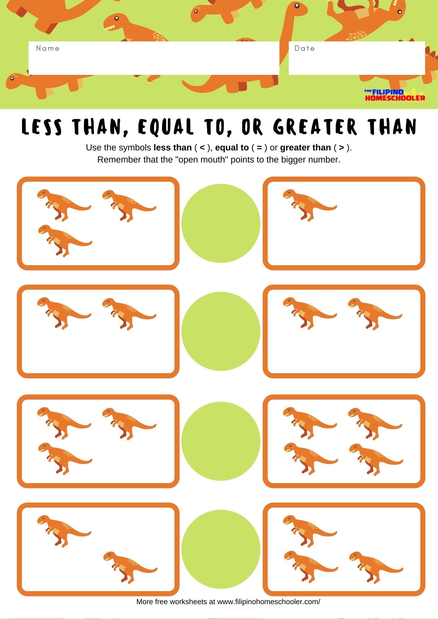 More Than Less Than Dinosaur Worksheet The Filipino Homeschooler