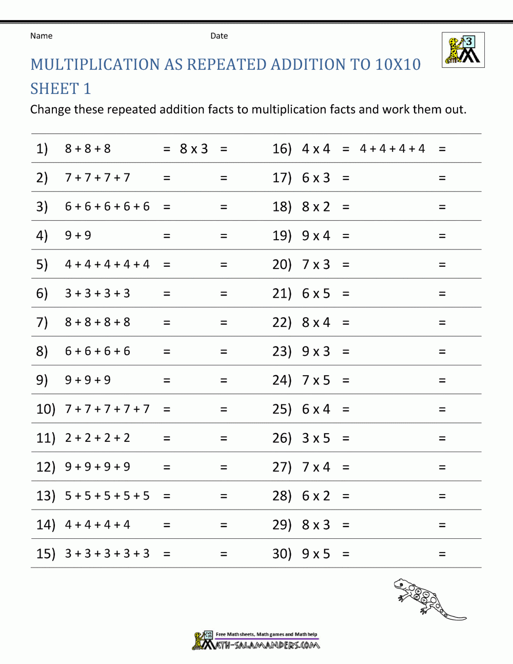 multiplication facts worksheet