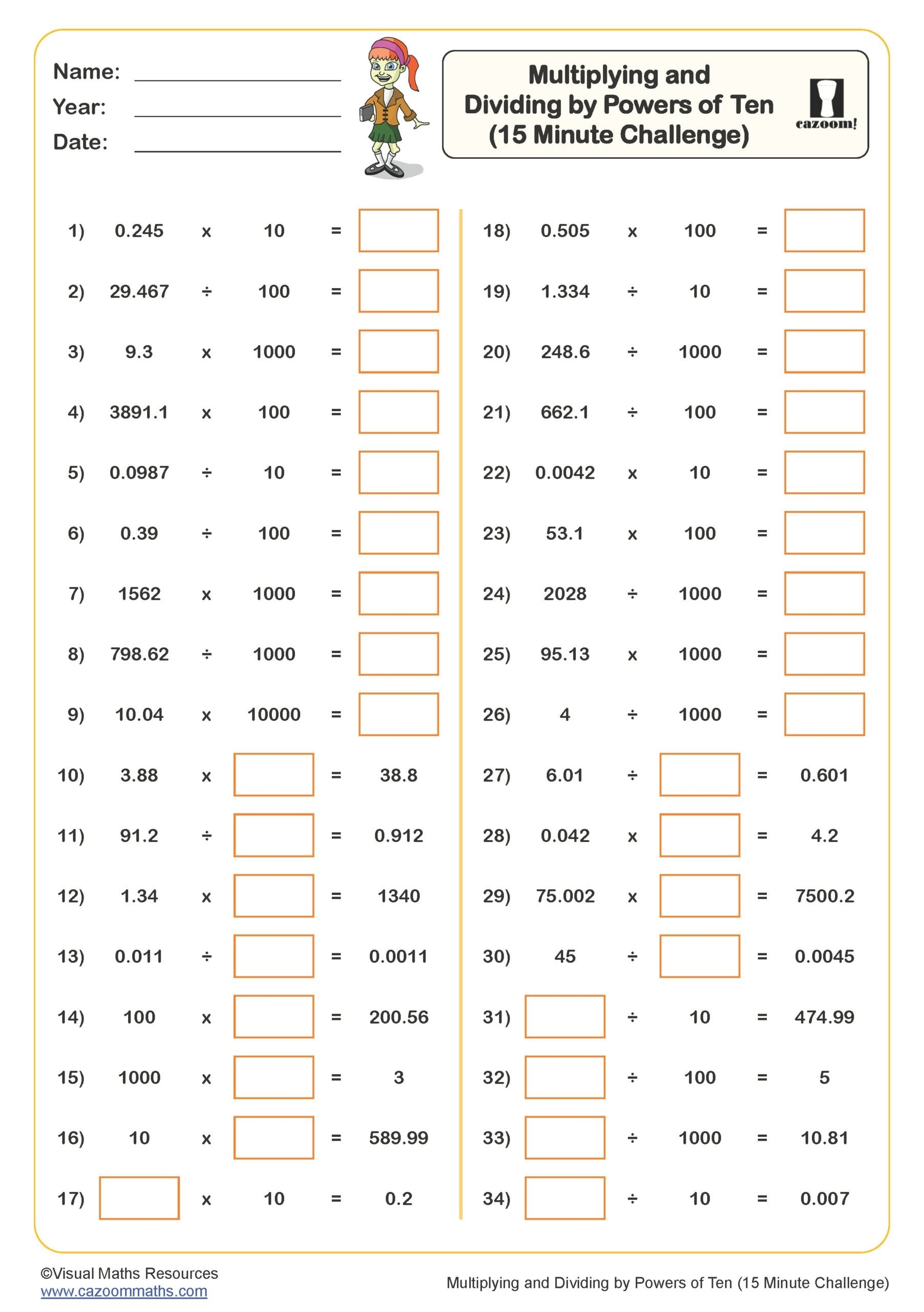 Multiplying And Dividing By Powers Of Ten Worksheet 15 Minute Challenge Fun And Engaging Year 5 PDF Worksheets