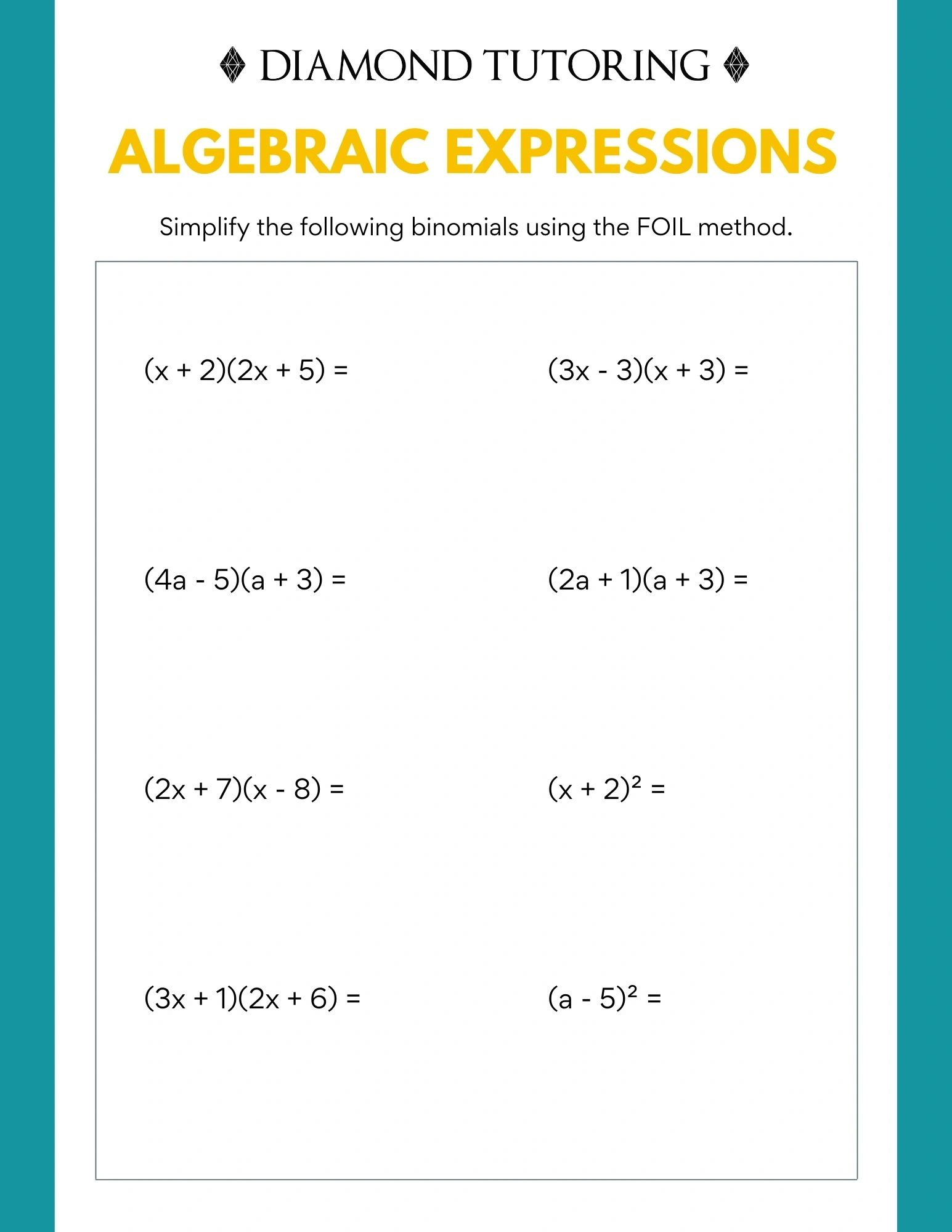 Multiplying Binomials Using The FOIL Method Worksheets Library