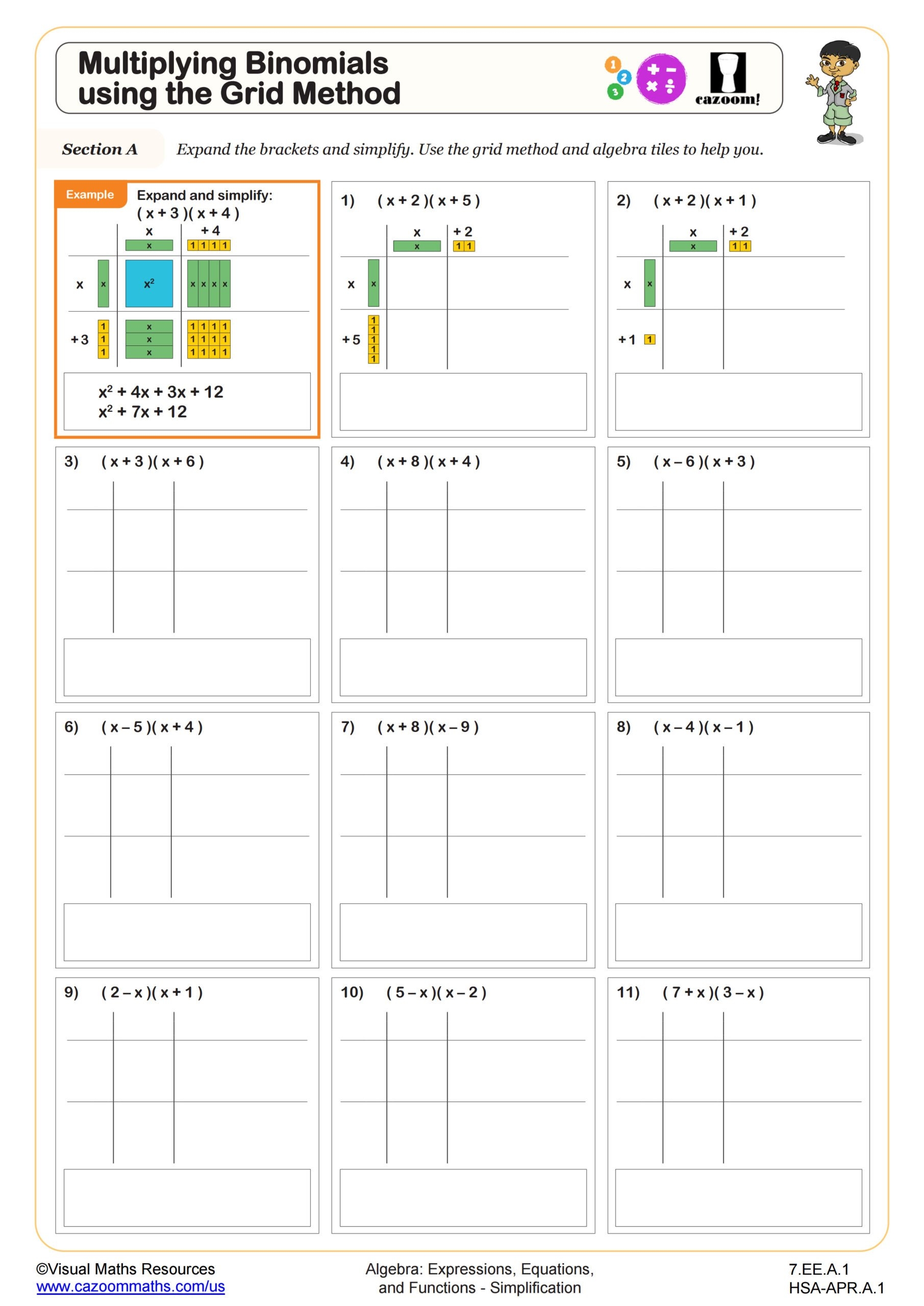 Multiplying Binomials Using The Grid Method Worksheet 7th Grade PDF Worksheets