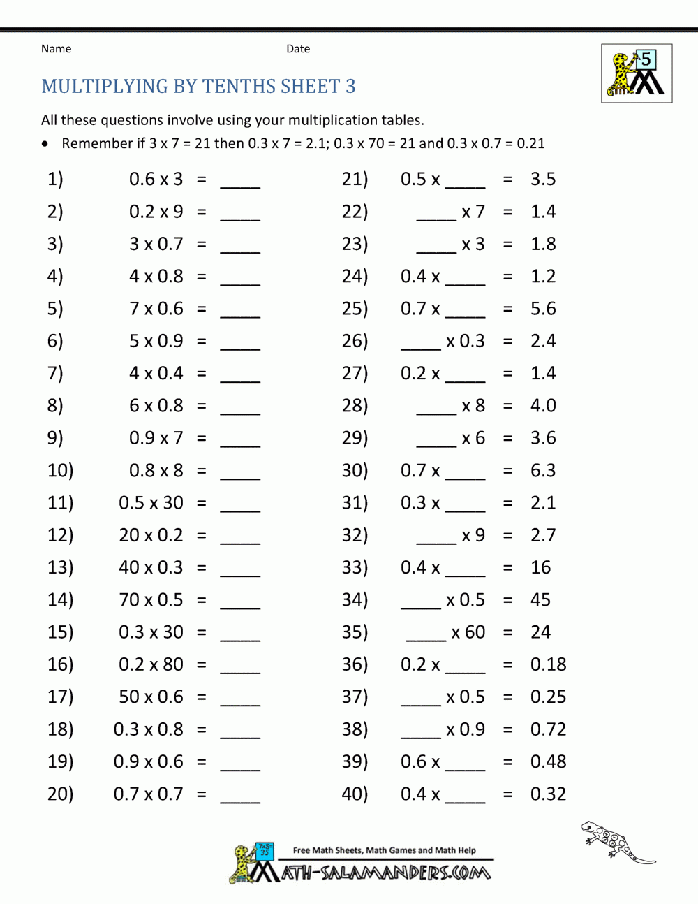decimal multiplication worksheets