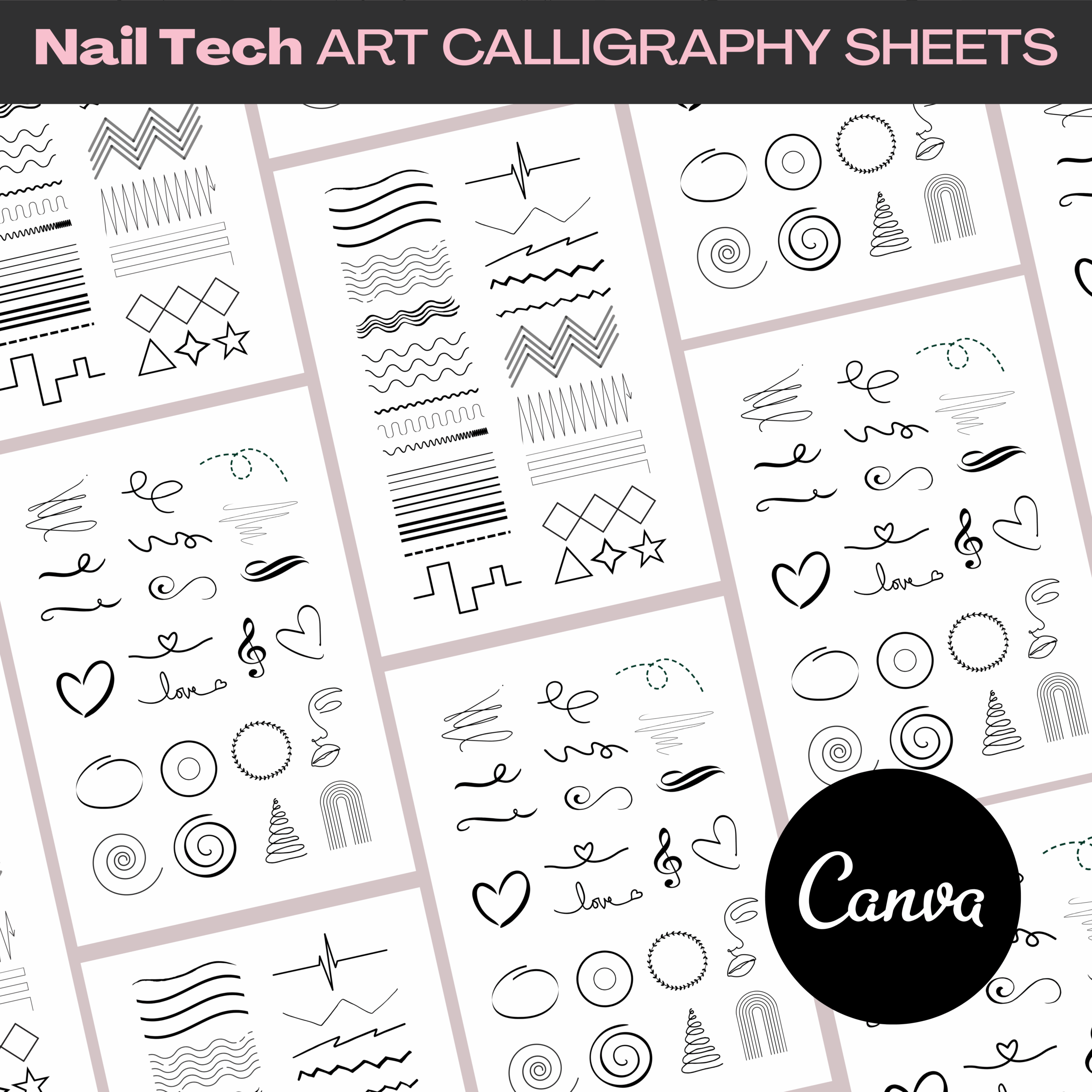 Nail Art Calligraphy Sheets Nail Sketch Book Nail Tech Beginner Practice Editable In Canva