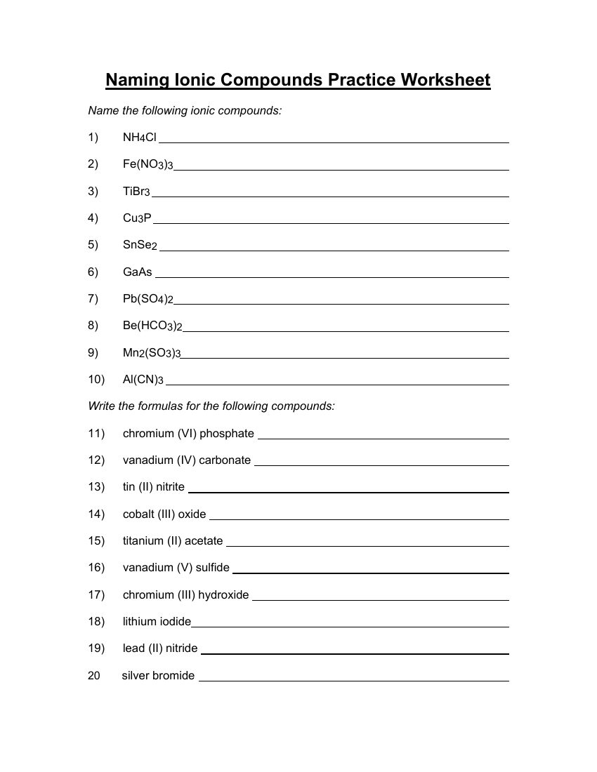 Naming Ionic Compounds Practice Worksheet Science 9th Grade Worksheets Library